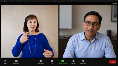 Online accent coach leading a virtual English communication lesson with a professional client on a video call